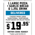 Dominos - Large Traditional Pizza + Garlic Bread, 1.25L Drink $19.95 Delivered (code)