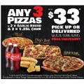 Any 3 Pizzas, 2 Sides and 2 1.25L Coke from $33 @ Dominos Pizza! Online only.