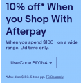 eBay - Afterpay Sale: 10% Off Everything - Minimum Spend $100 (code)! Max. Discount $150
