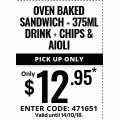 Dominos - Oven Baked Sandwich + 375ml Drink + Chips &amp; Aioli $12.95 Pick-Up (code)