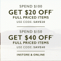 Clarks - Spend &amp; Save Offers: $20 Off $100 Spend &amp; $40 Off $150 Spend Full Priced Items (codes)
