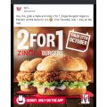 KFC - 2 For 1 Zinger Burgers (Buy One Get One Free Zinger Burger) via App - Thurs 17th October
