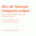 eBay Myer - 20% Off Selected Categories (code)! Max. Discount $500