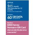 Harvey Norman - Bonus $400 Harvey Norman e-Gift Card w/ Unlimited Talk &amp; Text 60GB Optus Powered SIM Only Plan $65/Month