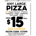 Dominos -  Any Large Value, Traditional, Premium/Super Premium, Vegan, or Vegetarian Plant-Based Pizza $15 Delivered (code)