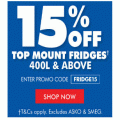 The Good Guys - 15% Off selected Top Mount Fridges (code) e.g. Haier 422L Top Mount Refrigerator $585.65 (Was $799)