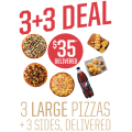 Pizza Hut - 3 Large Pizzas + 3 Sides $35 Delivered