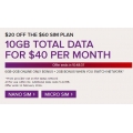 Virgin Mobile - $60 10GB Data SIM Plan with Unlimited STD Calls &amp; Text for $40