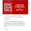 Vodafone - Epic Summer Sale: Unlimited SIM Only Ultra+Plan $65 (Save $20)